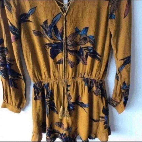 Peppermint Romper dress skort V-neck Tassles Boho Floral Sz Small Mustard - Picture 4 of 12